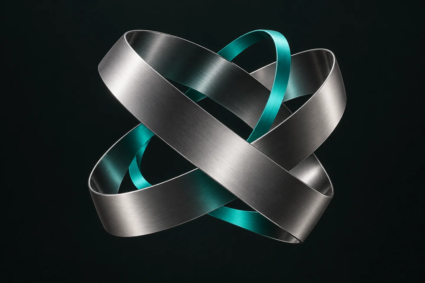 Intersecting brushed titanium bands woven with teal, expressing connected ideas and shared momentum.